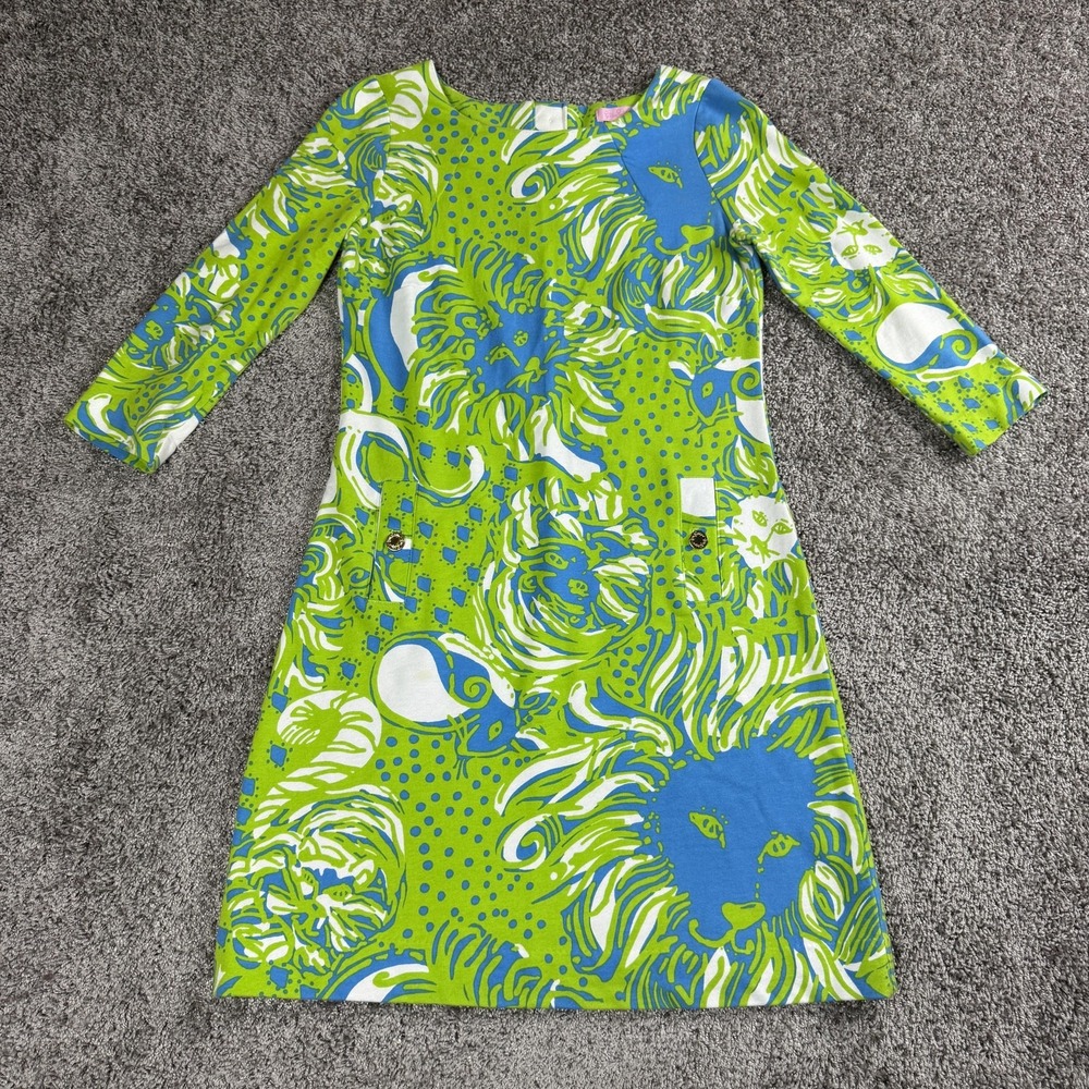 Preppy Coastal Resort Dress Womens XS Green‎ Blue Lion Print Lilly Pulitzer